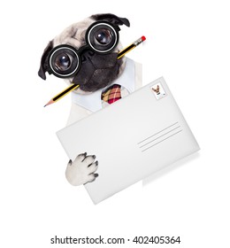  Pug Dog , Holding Pencil And Post  Mail Delivery Envelope