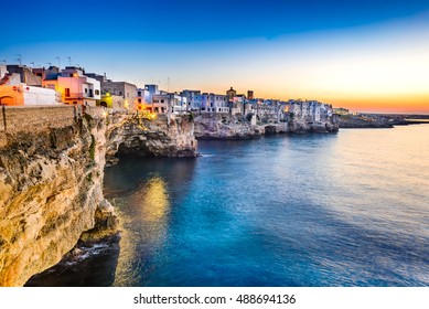 Puglia, Italy. Sunset scenery of Polignano a Mare, town in the province of Bari, Apulia, southern Italia on the Adriatic Sea