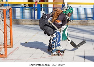 PULA, CROATIA - NOVEMBER 28, 2015 : Street Hockey Goalie, Participant Of JHL League In Action