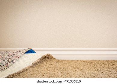 Pulled Back Carpet and Padding In Room of House.