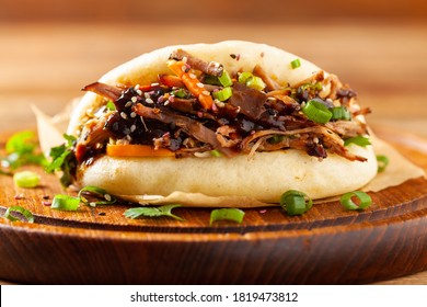 Pulled pork in a Bao Bao roll. Top view.