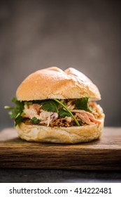 Pulled pork bun and coleslaw, copy space background for price list or recipe