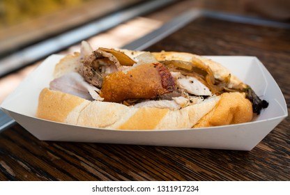 Pulled Pork Bun Sandwich With Crusty Skin Close-up View