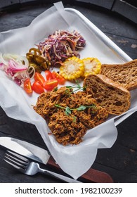 Pulled Pork With Coleslow, Jalapeno, Corn, Cherry And Bread.