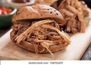 Pulled Pork Meat Sandwich In Whole Grain Burger Bun