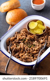 Pulled Pork On A Serving Platter, Ready To Eat And Make Sandwiches