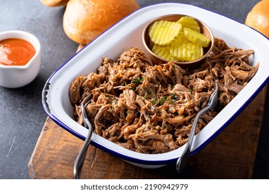 Pulled Pork On A Serving Platter, Ready To Eat And Make Sandwiches