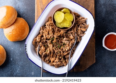 Pulled Pork On A Serving Platter, Ready To Eat And Make Sandwiches