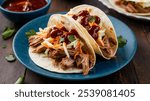 Pulled Pork Tacos: Soft tortillas filled with tender pulled pork, topped with slaw and tangy BBQ sauce.