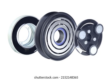 pulley, clutch coil and clutch plate of car air conditioner system isolate on white background