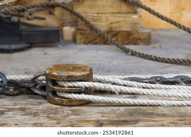 A pully system for rope making in the workshop in Norheimsund, Norway