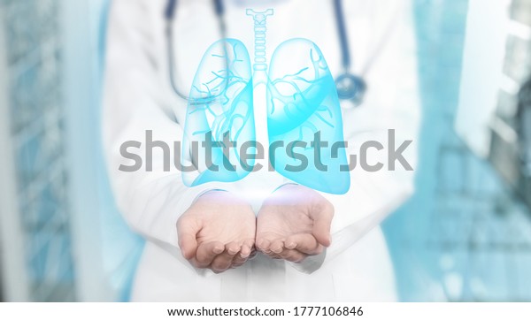 Pulmonology treating\
respiratory diseases - bronchitis, tuberculosis, asthma, emphysema,\
pneumonia and chest infection. Physician with lungs illustration,\
banner design
