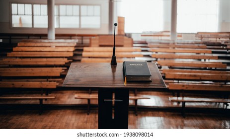 Pulpit in the Christian Protestant Church with the Bible - Shutterstock ID 1938098014