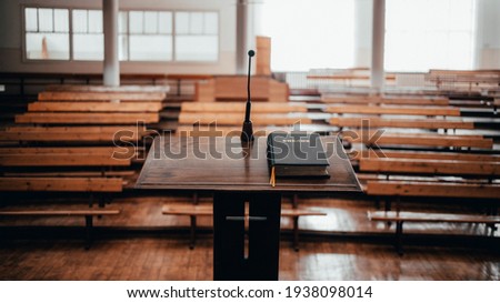 Pulpit in the Christian Protestant Church with the Bible