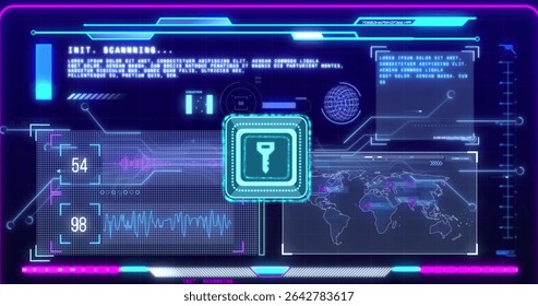 Pulsating neon key icon glowing within digital interface with world map overlay and readouts 54, 98. Futuristic, technology, digital, interface, cyber, visualization, security - Powered by Shutterstock - Get 15% off with code: PIKWIZARD15