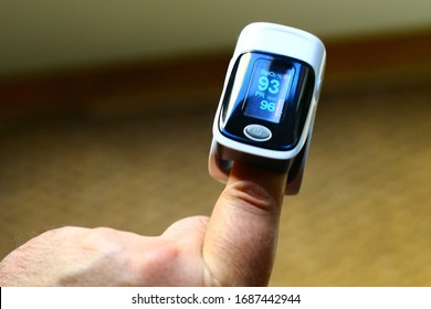Pulse oximeter on finger showing oxygen saturation and heart rate