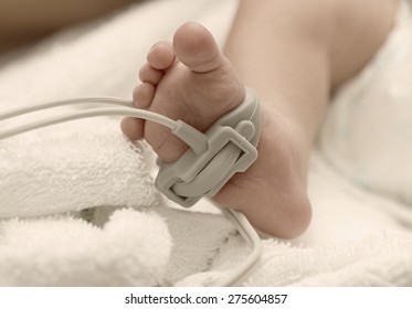 Pulse Oximeter Sensor On A Baby Foot , Measurement Baby Patient