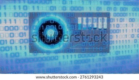 Pulsing camera lens centered on cybersecurity dashboard, showing cyan ring, binary and scan lines. Surveillance, sensor, eye, digital, glitch, neon, grid