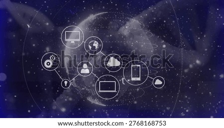 Pulsing central dotted globe and network nodes showing device icons with linked lines in cyberspace. Futuristic, abstract, digital, gradient, glow, particles, connectivity