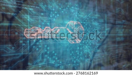 Pulsing data stream activating glowing key symbol over holographic grid, verifying access. Cybersecurity, neon, abstract, interface, encryption, authentication, digital