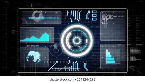 Pulsing HUD in interface, showing waveform, line and bar charts, map, code snippet on neon grid. Futuristic, technology, digital, interface, neon, innovation, data visualization