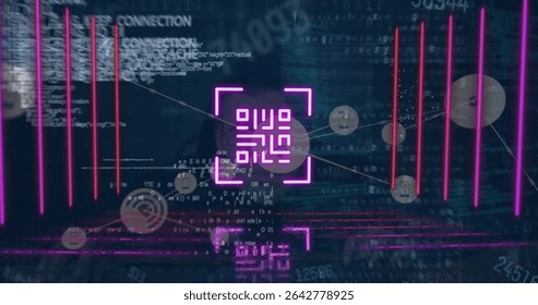 Pulsing neon magenta QR-like code symbol hovering over network, showing magenta bars, data nodes. Futuristic, cyber, technology, digital, abstract, network, data