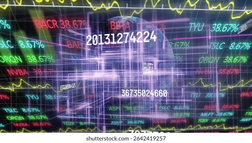 Pulsing purple 3D grid tunnel streaming inside virtual data interface with floating ticker symbols. Futuristic, technology, digital, data, cybernetic, interface, innovation