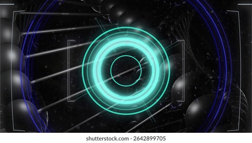 Pulsing turquoise circles rotating amid HUD markings with black spheres, rods, purple particles. Futuristic, technology, interface, hologram, digital, sci-fi, abstract