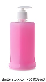 Pump Bottle Of Pink Liquid Soap Isolated On White