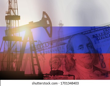 Pump Jack, US Dollar Notes And Russia Flag Background. Crude Oil And Petroleum Concept
