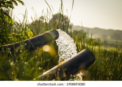 Pump Pipe Water Flow Equipment Agriculture,Water From A Well Filled A Pond For Irrigation,Irrigation Water From The Source,Water Flow From Large Pump Tube In Farm,being Flush Out By A Heavy Tube