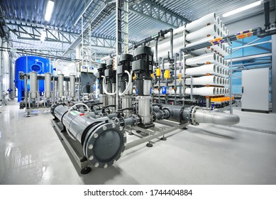 Pump station for reverse osmosis industrial city water treatment station. Wide angle perspective - Shutterstock ID 1744404884