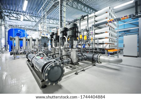 Pump station for reverse osmosis industrial city water treatment station. Wide angle perspective