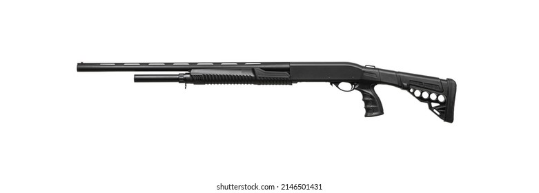Pump-action 12 gauge shotgun isolated on a white background. A smooth-bore weapon with a wooden stock. 