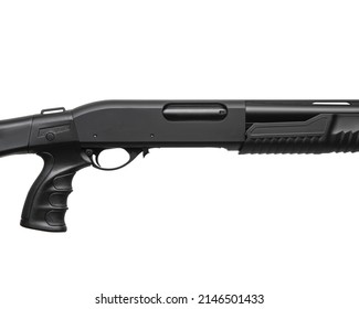 Pump-action 12 gauge shotgun isolated on a white background. Close-up shot of part of a shotgun. A smooth-bore weapon with a plastic stock. 