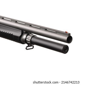Pump-action 12 gauge shotgun isolated on a white background. Close-up shot of part of a shotgun. A smooth-bore weapon with a plastic stock. 