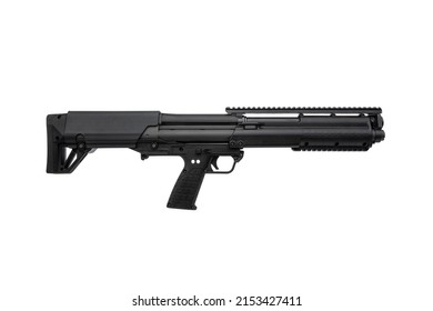 Pump-action 12 gauge shotgun isolated on a white background. A smooth-bore weapon with a wooden stock. 