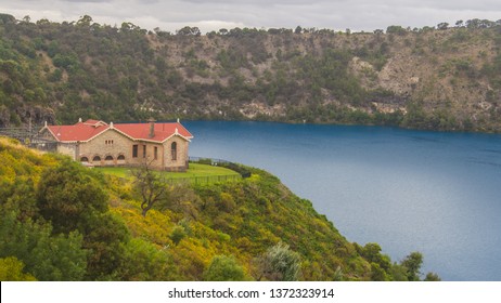 The pumping station of Mount Grambier, Which is picturesquely located over the Blue Lake, crater lake in the Limestone Coast region of South Australia, which be fully vivid blue in summer.