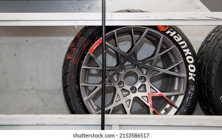 Pumping Tires Machine In Workshop, Racing Tire Hankook Logo No People. Vallelunga, Italy. May 1 2022, Racing Weekend