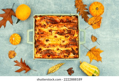 Pumpkin Baked With Cottage Cheese In Pita Bread, Appetizing Autumn Pie Or Tart