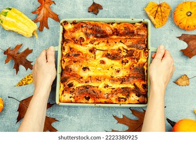 Pumpkin Baked With Cottage Cheese In Pita Bread, Appetizing Autumn Tart In Hands