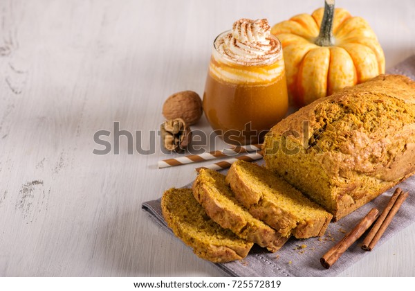 Pumpkin bread cake with pumpkin latte for autumn\
fall dinner