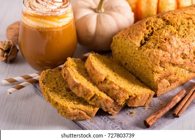 Pumpkin Bread Cake With Pumpkin Spice Latte For Autumn Fall Dinner