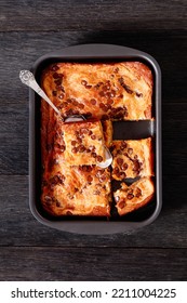 Pumpkin Chocolate Chips Sheet Cake In A Baking Dish On Dark Wood Table, Horizontal View From Above, Vertical View