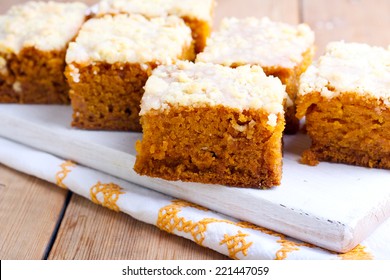 Pumpkin Coffee Cake With Topping, Cut On Squares