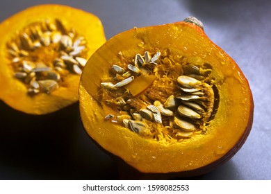 Pumpkin Cut Open With Seeds.