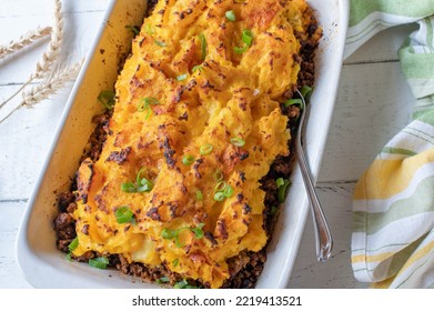 Pumpkin Ground Beef Casserole On White Background From Above. Fresh And Homemade Cooked