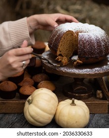 Pumpkin Kes And The Girl's Hands. Autumn Still Life.