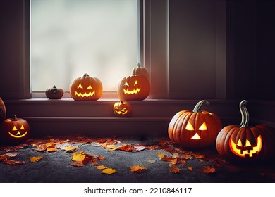 Pumpkin Lights On Windowsill, Pumpkin Lights In Foliage.
