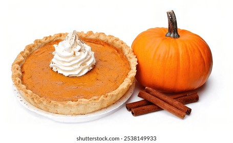 Pumpkin pie is a dessert with a spiced, custard filling generally eaten during the fall and early winter. In the United States and Canada it is usually prepared for Thanksgiving, Christmas. Isolated - Powered by Shutterstock